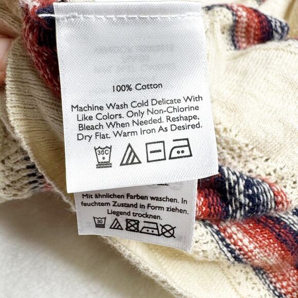 EDDIE BAUER Cream Red Blue Stripe Cotton Long Cardigan Boho Sweater sz Medium - Picture 7 of 7